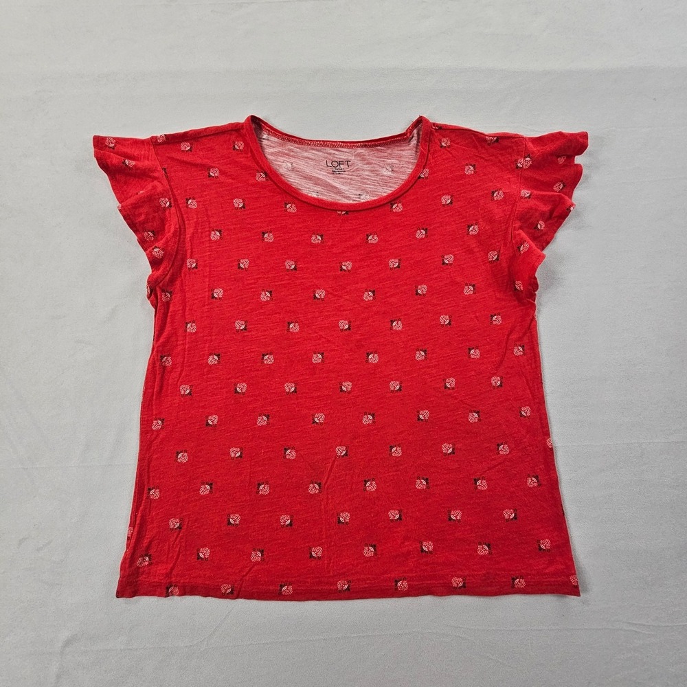 LOFT Outlet M Red Floral Flutter Sleeve Casual Feminine Basic Top